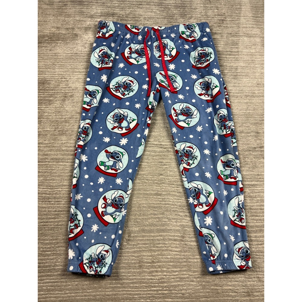 Disney Pajama Pants Womens XL Blue Stitch‎ Snow Globe Holiday Fleece Drawstring